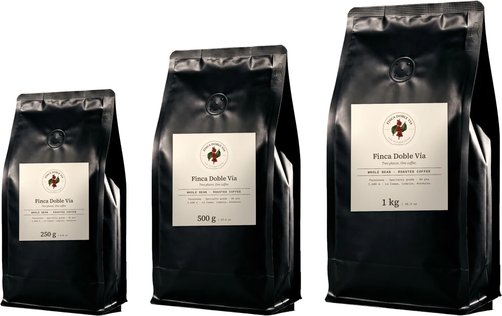 Finca Doble Vía coffee bags in three sizes